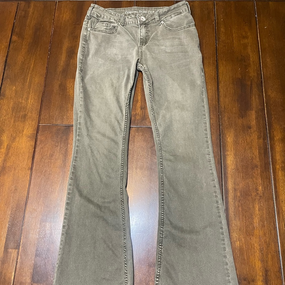 Cowgirl Tuff bootcut jeans. Long 35” inseam. Cuffed hem with camo design.